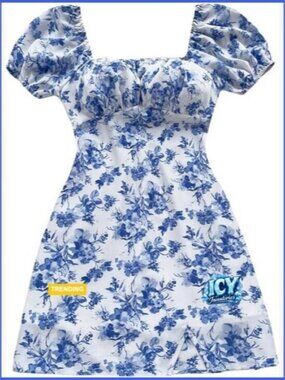 Floral Puff Sleeve Square Neck A Line Mini Dress Polyester